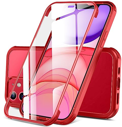 DOSNTO Doppelseitig Durchsichtig Hülle für iPhone 11 (6.1''), 360 Grad Ganzkörper Stoßfeste Fallschutz Transparent Handyhülle Eingebauter Gehärtetem Glas Displayschutzfolie, Rot