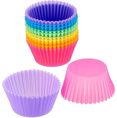 SEIWEI 12 moldes de silicona para hornear para tazas Puto, mini sartenes de aluminio, moldes redondos para hornear y cocinar para mini pasteles, tartas, magdalenas, magdalenas, brownies, gelatina