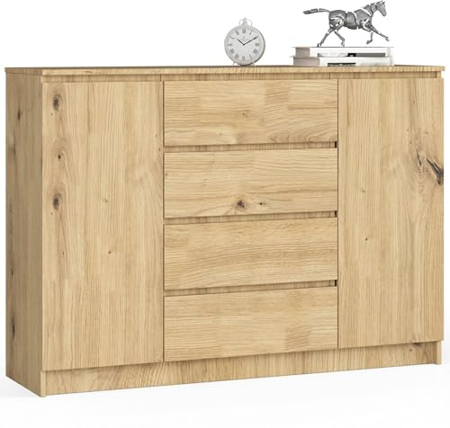 AKORD Kommode K 140 cm 4 Schubladen und 2 Türen | zum Wohnzimmer Schlafzimmer Arbeitszimmer | Modernes funktionales Design | laminierte Platte | Farbe: Kunsthandwerkliche Eiche