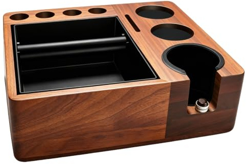Espresso tamping station knock box,Walnut tamper station,Espresso station fit for storage 51mm-54mm tamper,distributor,portafilter,puck screen accessories,9 in 1 espresso knock box and tamper station