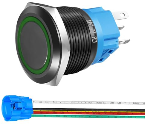 Gebildet 22mm Rostfritt stål Momentan Tryckknapp 12V-24V LED 1NO1NC SPDT ON Off Vattentät Knapp med Tråduttag (grön LED&svart skal)