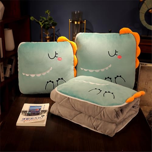 Surwin Couverture et Oreiller de Voyage 2 en 1, Impression de Animal Couvre-lit Convertible en Coussin, Courtepointe pour Sommeil en Voiture, Bureau et Avion (150x180cm,Dinosaure)