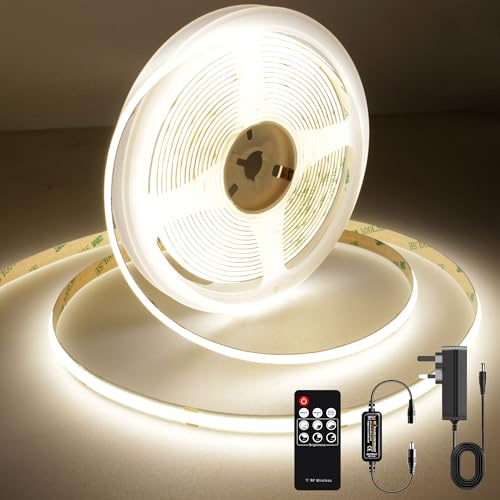 AXMOTUT COB LED Strip Lights 3m, 4000K Natural White Dimmable LED Strip, 960 LEDs Super Bright DC24V LED Light Strip CRI90+ with RF Remote and UKCA Power Supply for DIY Home Decoration