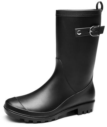DREAM PAIRS Women Outdoor Wellies Mid Calf Rain Boots | PVC molded upper and black jersey lining, mid-calf height, decorative buckle, scuff-resistant toe for versatile style