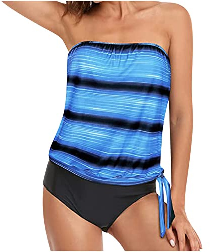 Two Piece Swimming Costume Women Bandeau Swimsuits Loose Fit Swim Tank Top with Shorts Swimwear Womens Bandeau Blouson Tankini Tops High Waisted Bikini Bottoms Two Piece Bathing Suits Tankini Sets