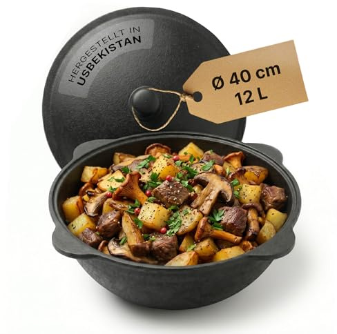Kazan aus Gusseisen 12L mit Aluminium - Original usbekischer Kasan Namangan Deckel Schwenktopf Uzbek Camping Kasan Uzbekisch Cast Iron KESSEL Usbek Asia Topf