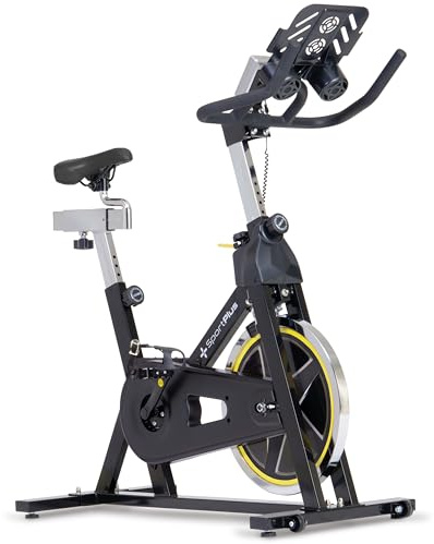 SportPlus Speedbike mit Tablethalterung, Speedracer App-kompatibel, ca. 13kg Schwungrad, Widerstand stufenlos einstellbar. Getränkehalterung, LCD Trainingsdisplay