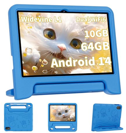 Tablet per bambini aggiornato 2024, tablet Android 14 da 10 pollici per bambini con custodia inclusa, batteria da 8000 mAh, con Google Kids Space, controllo parentale, 10 GB + 64 GB, WiFi6, Youtube,
