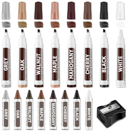 17pcs Kit Riparazione Mobili in Legno, 8 Pennarello per Legno 8 Pastelli Riempitivi a Cera e Temperino, Penna per Riparazione Mobili, Set di riparazione per legno per macchie, graffi, pavimenti