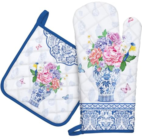 Arquiel Ofenhandschuh und Topflappen 2er Set, 100% Baumwolle Kochhandschuhe, Hitzebeständiger Küchenhandschuh Zum Kochen Backen Grillen Geschenk,Blaues und weißes Porzellan