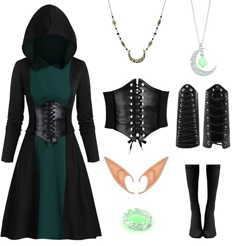 IEEILULU Mittelalter Kleidung Damen, Gothic Kleid Damen mit Kapuze, Halloween Mittelalter Kleid Damen mit Elfenohren, Korsett, Mittelalter Kostüm Damen für Karneval Halloween (Grün, M)