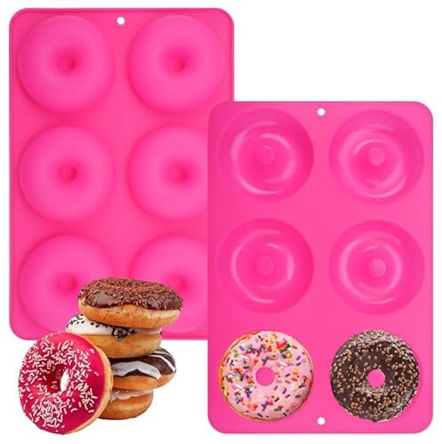 2 Piezas Molde Donuts, 6 Cavidades φ7.5 cm Molde Silicona Donuts, Sin Bisfenol A, Antiadherente Resistente Al Calor Moldes para Donuts Silicona para Rosquillas, Pasteles, Bollos de Panadería (Rosa)