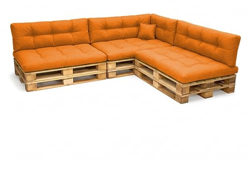 POKAR Euro pall quiltad kudde – set med 8: Sittkudde 120 x 80 cm + ryggkudde 120 x 40 cm, trädgårdskuddar soffa, uteplats, utan pallar, orange