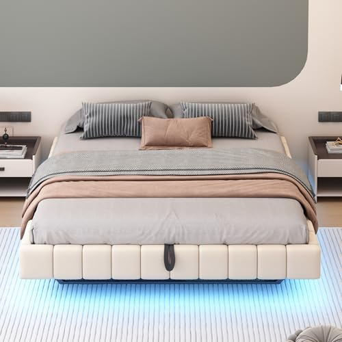 Lexiou Polsterbett 180x200 cm, Hydraulischer Schwebebettrahmen mit Stauraum, Multifunktionales Polsterbett ohne Kopfteil mit LED-Licht (Beige)