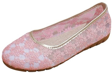 MODSGUE Damen Ballerinas Schuhe Senioren Elegant Flache Lace Schuhe Slip On Leichte Sommerschuhe Bequem Barfußschuhe Atmungsaktive Walking Slipper Loafer Stoffschuhe