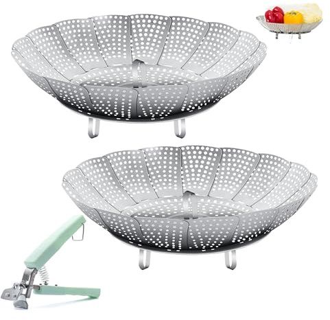 Vegetable Steamer Basket, 2-Piece Steamer Insert with Vegetable Tongs | Adjustable Stainless Steel Decating, Suitable for Pots and Various Cooking Methods (Silver)