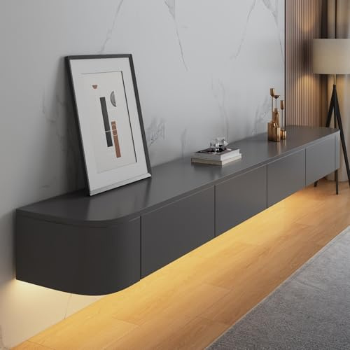 Coubird TV Schrank hängend Wandmontiert Grau Holz Großer Schwebende TV Regale mit LED-Beleuchtung & Türen & Schublade Moderne Entertainment TV Konsole Aufbewahrung TV Unterbau (220cm/86in)