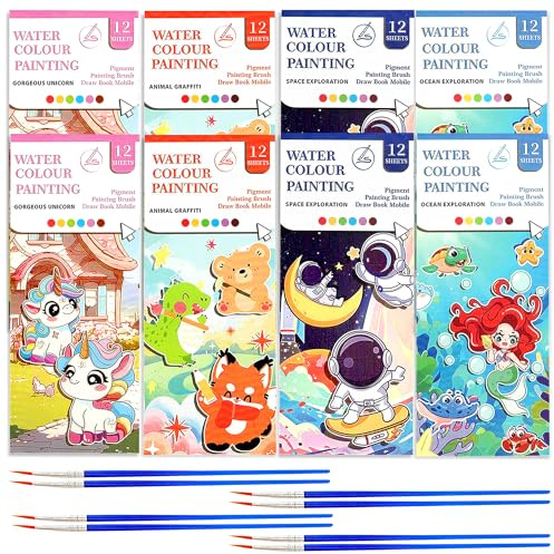 GLUN® Watercolour Themed Notebook with Water Colour Patches & Painting Brush for Kids, Pack of 8 Books, 12 Different Pages, 4 Different Theme Booksercolour book