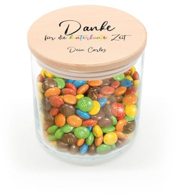 GRAVURZEILE Vorratsglas mit bedrucktem Holzdeckel - Danke für die Kunterbunte Zeit V1 - Personalisiert mit Name - Keksdose Bonbonglas mit Deckel - Vorratsdose - Geschenk als Dankeschön - 530 ml
