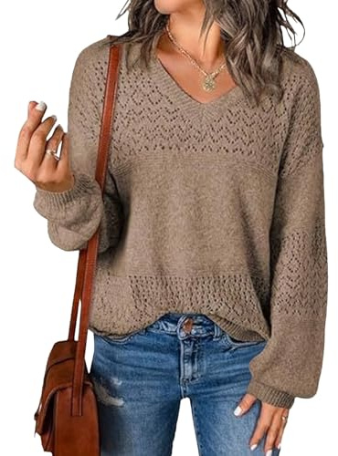 Pull Femme, Pull décontracté à Manches Longues et col en V, léger, en Crochet, Couleur Camel, Taille L