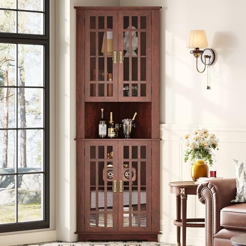 IRONCK Mid Century Modern Corner Cabinet, 71 H Tall Corner Storage Cabinet with 4 Glass Doors and 5 Shelves, Home Space Saver for Living Room, Dining Room, Red Walnut