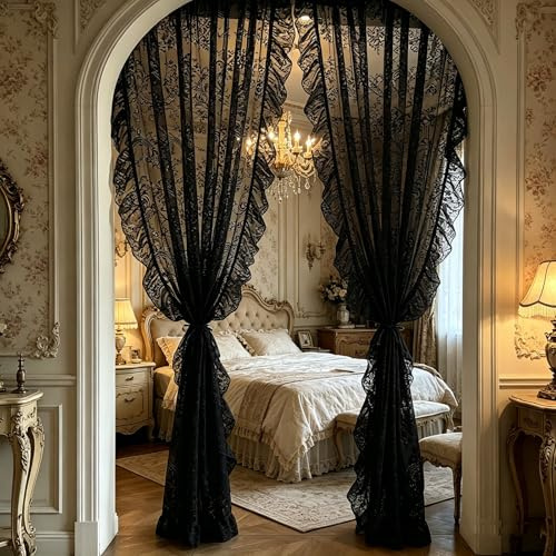 Fmorgen Französische Spitzenvorhang Durchlässig Spitzenvorhang 2 Stück Spitzengardinen Gardinen Vintage-Fensterbehandlung Ösenvorhang für Wohnzimmer Schlafzimmer, Schwarz-140x200CM