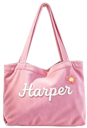 SosnSusn Bolsa Tote de Pana Personalizada con Nombre, Bolso de Hombro Grande con Cremallera, para Viaje, Playa y Uso Diario, Regalo para Mujer (Rosa)