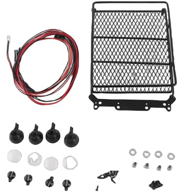 SustVita Axial SCX10 Roof Rack featuring a Metal RC Roof Rack Tray design with attached light bar, a key component for 1/10 RC Crawler Accessories builds (4 white)