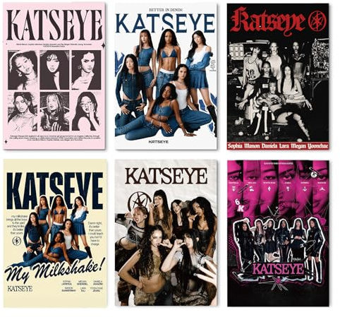 KOWASO 6 Blätter Katseye Poster, Kpop Korean Coole Poster Aufkleber, Girl Group Music Posters Schlafzimmer-Dekor Poster für Teenager Schlafzimmer Raumdekoration,34.5 * 24CM