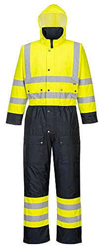 Portwest S485 Men's Hi Vis Winter Work Coveralls Waterproof 300D Polyester Protective Boiler Suit Durable Overalls Thermal Lined Workwear Rain Suit, Yellow/Navy, Medium