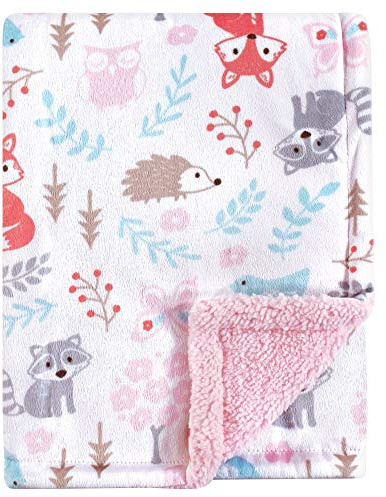 Hudson Baby Unisex Baby Plush Mink and Sherpa Blanket, Girl Woodland, One Size