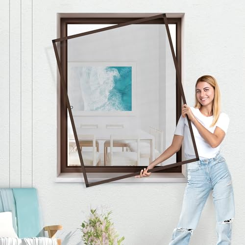 jarolift Fliegengitter für Fenster SlimLine Insektenschutz ohne Bohren, mit Alurahmen Spannrahmen, Mückenschutz Mückengitter, 70 x 150 cm, Braun