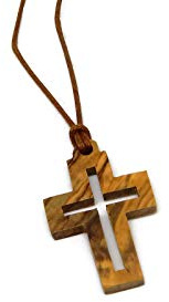 Olive Wood Square Cut Out | Latin Cross | Christian Cross Pendant | Certificate of Origin & Lord Jesus Prayer Card Included | Genuine Product from HJW | Christian Religious Jewelry | Holyland Souvenir and Symbol of Faith