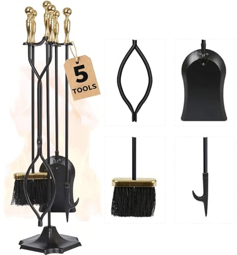 AMAGABELI GARDEN & HOME Fireplace Tools Set 5 Pieces Log Gold Handle Wrought Iron Fire Set with Stand Holder Fireset Fire Pit Indoor Outdoor Tongs Shovel Brush Poker Wood Stove Hearth Accessories