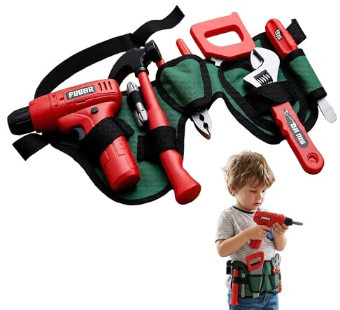The Magic Toy Shop Kids Tool Set with Adjustable Work Belt & Working Drill - 10 Piece Construction Toy Tool Kit Including Hammer, Wrench, Pliers - DIY Building Pretend Play for Boys & Girls 3+
