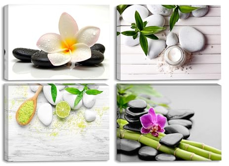 Piy Painting 4x Tableau de Zen sur Toile Spa Yoga Peinture en Bambou Orchidée Image Impression sur Toile avec Cadre pour Salle de Bain Chambre Décor Mural Cadeau Fête Noël 30x40cm