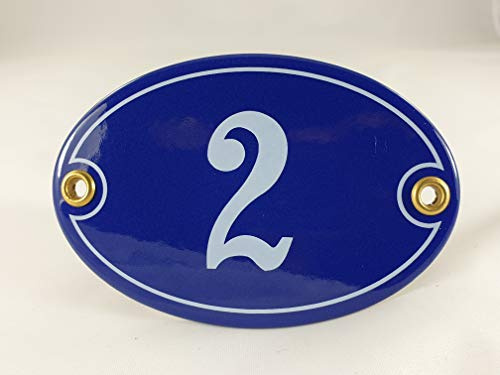 Emaille Hausnummer Schild Nr. 2, oval, Blau-Weiß Handarbeit