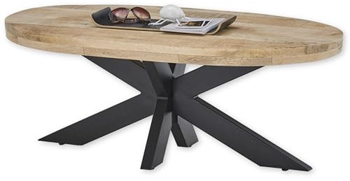 MUMBAI Couchtisch oval Massivholz Mango mit schwarzem Metallgestell - hochwertiger & naturbelassener Sofatisch für Ihren Wohnbereich - 120 x 45 x 60 cm (B/H/T)