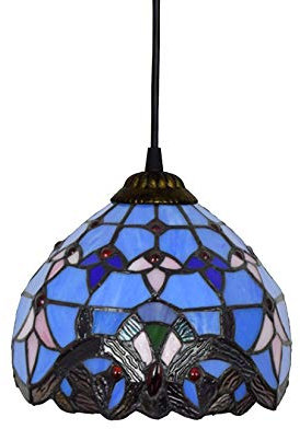 BOTOWI 8 Zoll Tiffany Stil Pendelleuchte, Esstisch Deckenleuchte, E27, Retro Blau/Bunte Glasfarbe, Dekoration Restaurant Pendelleuchte, höhenverstellbare Esszimmer Lampe