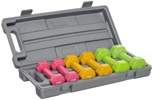 HOMCOM Kurzhantel Set mit Koffer Tragbar 2 x 0,5 kg, 2 x 1 kg, 2 x 1,5 kg Hantelset 6er Set Stahl Bunt