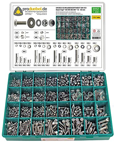 Großes Schrauben-Sortiment DIN 933 M4/M5/M6/M8 Edelstahl A2 V2A (DIN933+934+985+125+9021) 1751-tlg (Standard-Box)