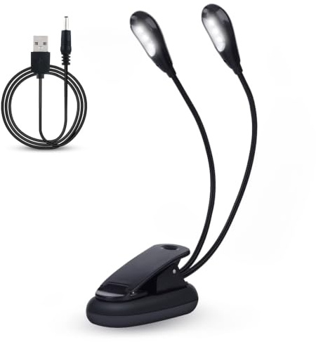 Notenpult Licht, 29cm/11,4 Zoll 36V Flexible LED Klemmleuchte Buch Licht Lampe USB und AAA-Batterieversorgung Schwarz Mini einstellbar Doppelarmleuchte für Klavierspieler Notenblätter Gitarre Reisen