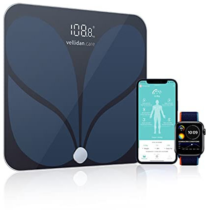 vellidan Körperfettwaage ǀ Smarte Digitale Waage ǀ Bluetooth Personenwaage inkl. App, für Körperfett, und Muskelmasse und weitere Analysedaten ǀ Sicherheitsglas, schwarz