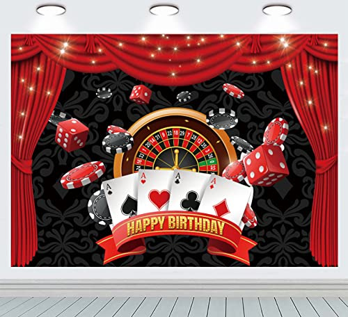 Las Vegas Casino Motto Happy Birthday Hintergrund Casino Karneval Nacht Party Banner Spielkarten Würfel Roter Vorhang Fotografie Hintergrund (2,1 x 1,5 m)