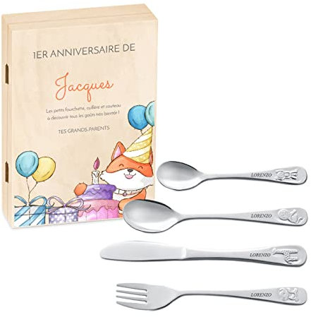 Maverton Set de Couverts De Table Bebe 1 An personnalisé dans boîte en bois imprimée - Couvert Enfant Inox Animal - Cadeau Enfant 1 an anniversaire - Cadeaux bébé - Coutellerie gravée - Cadeau