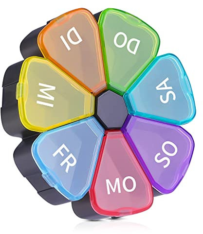 Opret Tablettenbox 7 Tage, Pillendose Medikamentenbox 7 Tage mit Große Fächer, Tabletten Wochenbox Pillenbox Tablettendose für Unterwegs Rund