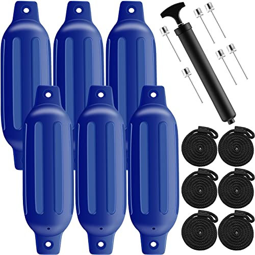 Sratte 6 Pack Boat Fenders, 4.5 x 16 Inch Ribbed Twin Eyes Boat Fenders Bumpers for Docking, Inflatable Marine Bumper Use to Yacht Etc with 6 Ropes 1 Air Pump 6 Needles(Blue)