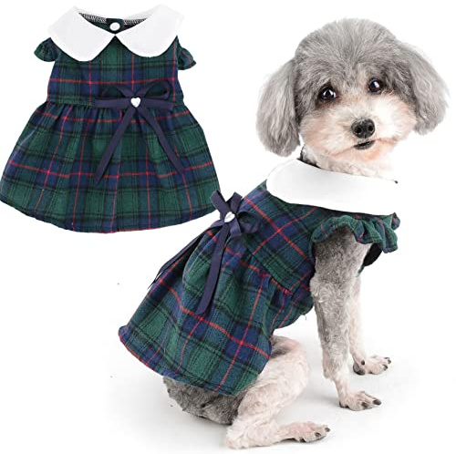 Zunea Plaid Hundekleider für kleine Hunde Mädchen Sommer Prinzessin Kleid mit Schleife Niedlich Welpe Kleidung Rüschen Ärmelloser Rock Weich Weibliche Haustier Kleid Chihuahua Hundebekleidung Grün M