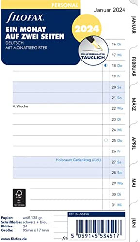 FILOFAX Kalendereinlage 2024 Personal 1 Monat / 2 Seiten weiss deutsch 24-68456