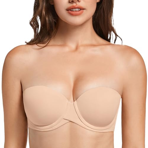 MELENECA Dam tung vadderad push-up med lyft multiway bygel remlös BH beige 34A, BEIgE, 75A